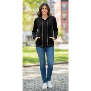 Chico's 3 XL Women's Black Animal Print Soft Stretch Zip Hooded Cardigan Sweater